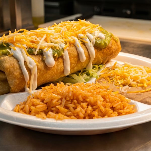 A golden-brown chimichanga topped with green sauce, sour cream, and shredded cheese, served with rice and beans.