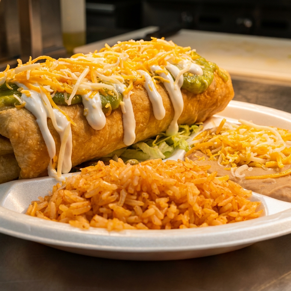 A golden-brown chimichanga topped with green sauce, sour cream, and shredded cheese, served with rice and beans.