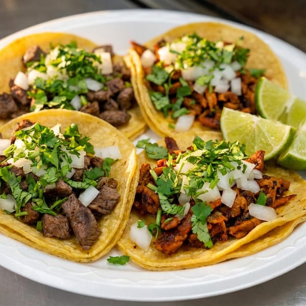 Four street tacos, two carne asada and two al pastor, with cilantro, onions, and lime wedges.