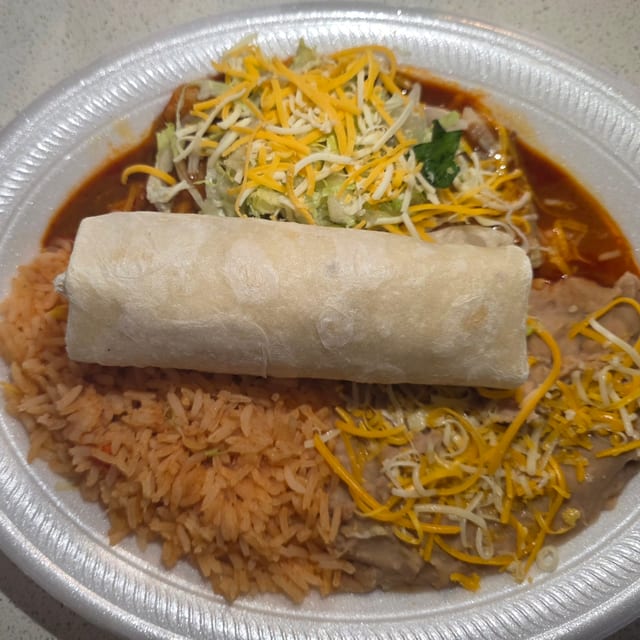 11# Shredded Beef Burrito and Cheese Enchilada Plate.